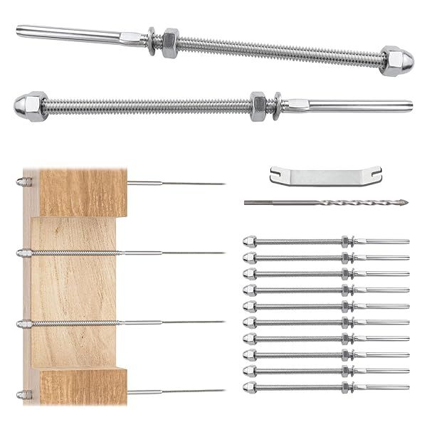"Muzata 10 Pack Cable Railing Kit: Tensioner for 1/8" Cable on Wood & Metal Posts - Durable T316 Stainless Steel"