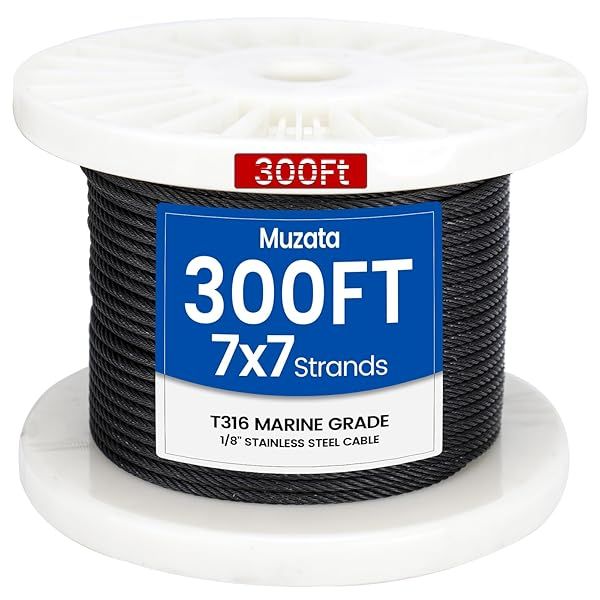 Muzata 300 ft Black Stainless Steel Cable Railing System T316 Wire Rope 7x7 Strands 1800 lb Breaking Strength Indoor Outdoor Kit WR19