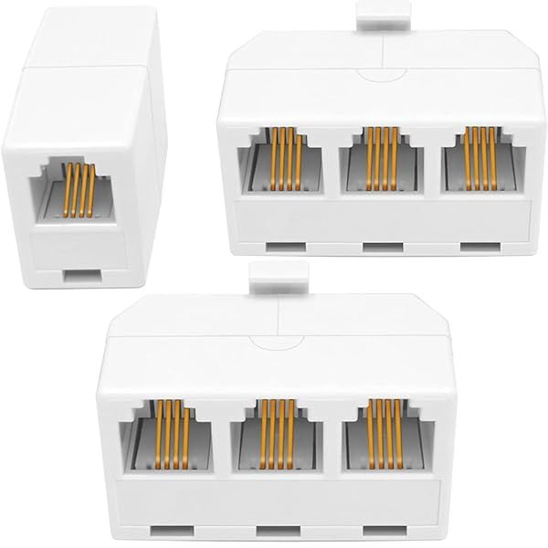 NECABLES 2 Pack 3 Way Phone Jack Splitter RJ11 6P4C Male to 3 Female with Phone Line Coupler for Landline and Fax White