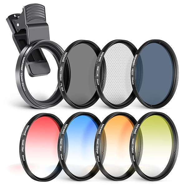 NEEWER 55mm ND/CPL Filter Set for iPhone & Samsung - Polarizing, ND32, Star & Graduated Color Filters with Lens Clamp Clip