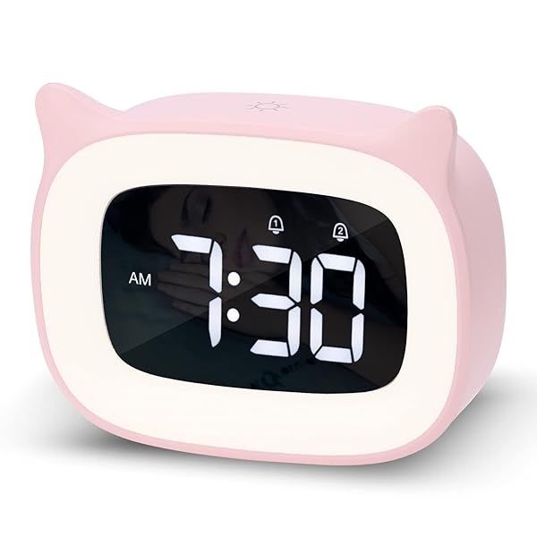NESIFEE Pink Alarm Clock with Night Light, Cute Cat Alarm Clocks for Girls Toddlers Boys Birthday Gifts, Cute OK to Wake Alarm Clock for Kids Teens