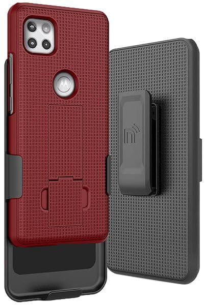 Red Nakedcellphone Case with Clip for Motorola One 5G Ace - Slim Kickstand & Rotating Belt Holster Accessory