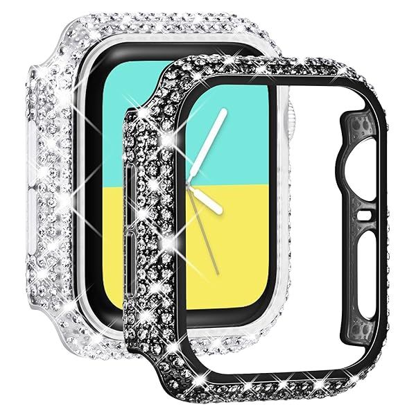 NewWays 2-Pack Bling Diamond Cases for Apple Watch 42mm Series 3/2/1 - Silver & Clear Protective Bumpers