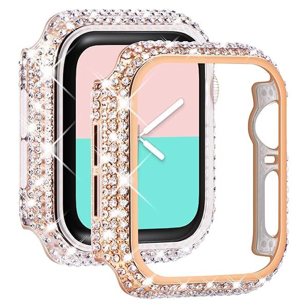 NewWays 2-Pack Bling Cases for Apple Watch 44mm - Diamond Protective Bumper for Women, Rose Gold & Clear