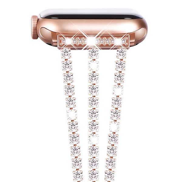 NewWays Rose Gold Bling Diamond Apple Watch Band 46mm 45mm 44mm 42mm - Compatible with Series 10, 9, 8, 7, SE, 6, 5, 4, 3