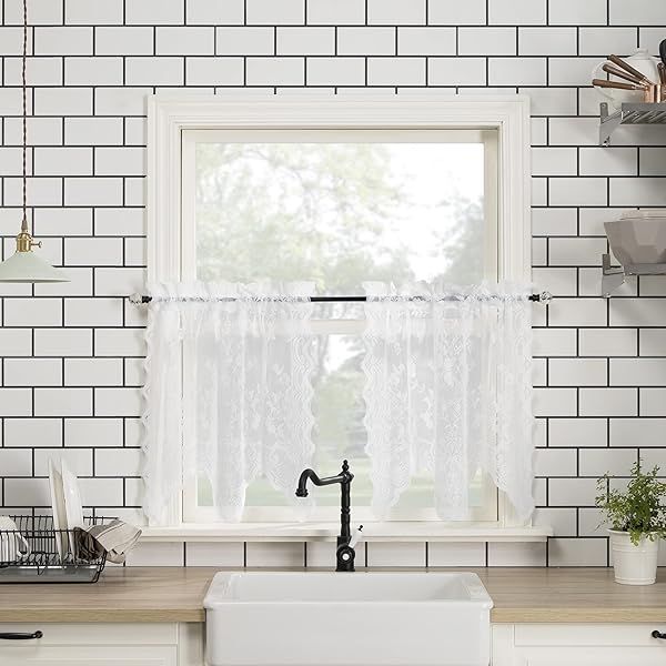 "Buy No. 918 Alison Floral Lace Sheer Kitchen Curtain Tier Pair - 58"x36" White for Elegant Home Decor"