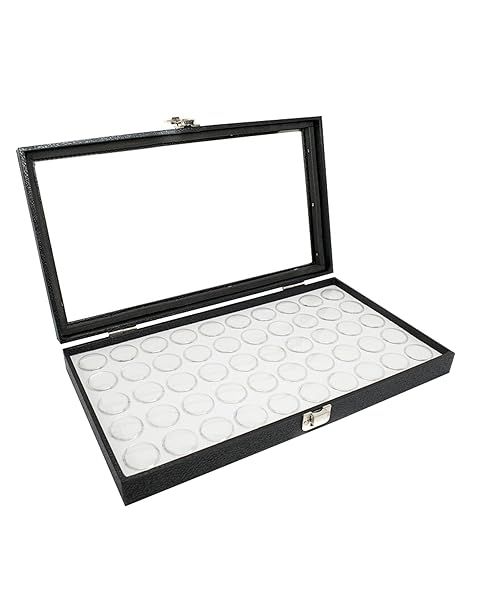 Large Glass Top Black Leatherette Jewelry Display Case with 50 Count Jar Insert Tray and Custom Pouch by Novel Box