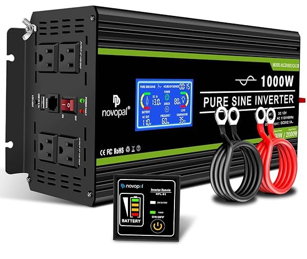 Novopal 1000W Pure Sine Wave Inverter: 12V to 120V AC, 4 Outlets, USB, Remote Control & LCD Display