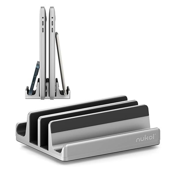Nukoi Vertical Laptop Stand - SPACEMax Adjustable GRIPLock Anti-Tip Silicone 4 Slots Aluminum Desktop Holder - Double Dock Stand - 2 Phone Slots Fits Up to 17.3 Laptops, Tablets, Phones - Silver