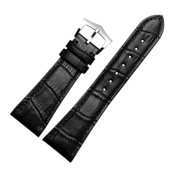 ODETOJOY 25mm Black Genuine Leather Watch Band with Silver Steel Buckle for Men