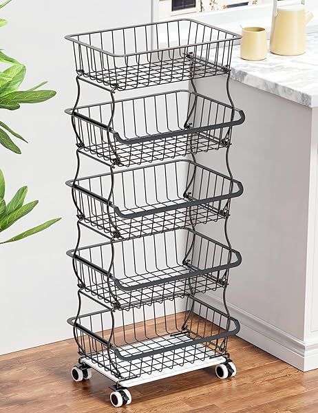 OKZEST 5-Tier Stackable Fruit Basket with Wheels - Kitchen Storage Organizer for Fruits, Vegetables & Snacks
