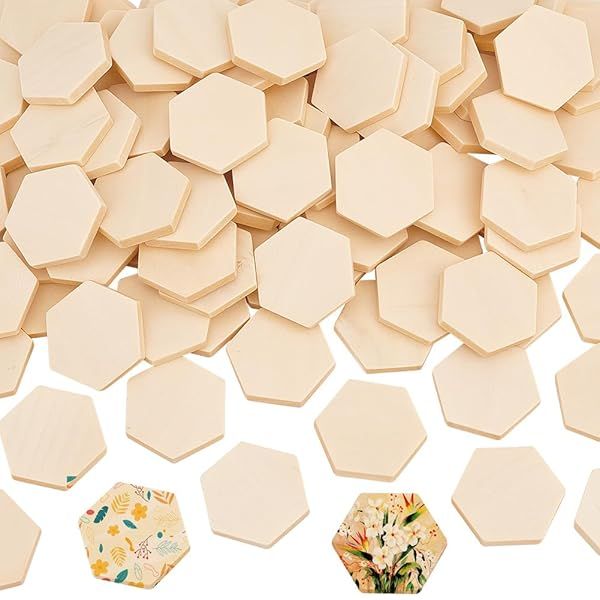 OLYCRAFT 100PCS Unfinished Natural Wood Hexagon Cutouts for DIY Crafts and Holiday Decoration 1.5x1.3x0.2 Inch