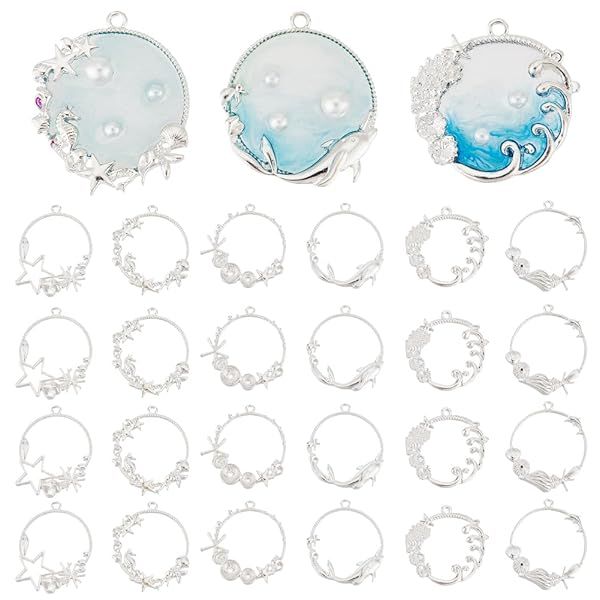 OLYCRAFT 24pcs Sea Open Bezel Charms Ocean Frame Pendant Resin Alloy for Jewelry Making DIY Crafts Summer Decorations Silver