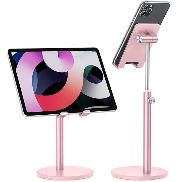 OMOTON Adjustable Aluminum Phone Stand for Desk Compatible with iPhone 11 Xr Xs Max All Smartphones and Tablets in Rose Gold