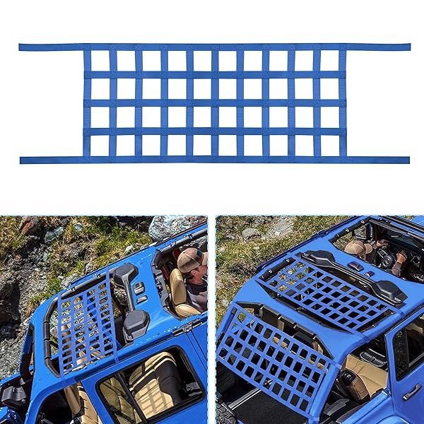 ONE250 Heavy Duty Cargo Mesh Net for Jeep Wrangler TJ JK JKU JL JLU YJ Sahara Rubicon Unlimited 1987-2024 Roof Top Hammock Baggage Cover Blue