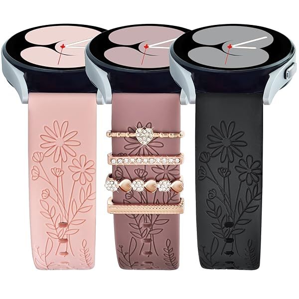 ORATYFAN Bands for Samsung Galaxy Watch 7 6 5 4 FE Band 40mm 44mm with Charms, 20mm Women Flower Engraved Silicone Replacement Strap for Galaxy Watch