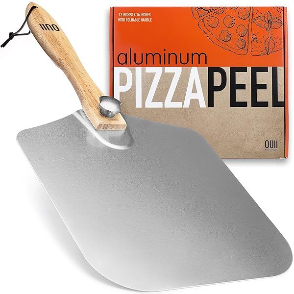OUII 12x14 Inch Aluminum Pizza Peel with Foldable Wood Handle - Essential Pizza Oven Tool & Spatula for Baking Bread, Pastry & Dough