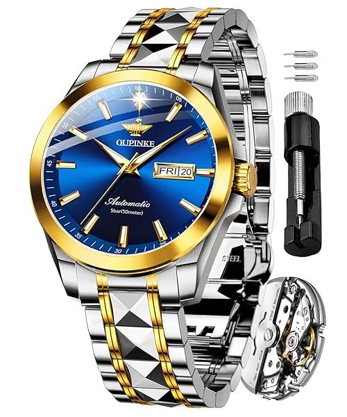 OUPINKE Men's Automatic Mechanical Watch Real Diamond Gold Luxury Self Winding Waterproof Wrist Watch for Father's Day