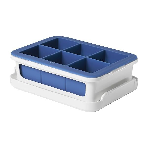 OXO Good Grips Silicone Stackable Ice Cube Tray with Lid - Large Dark Blue Cubes for Easy Freezing