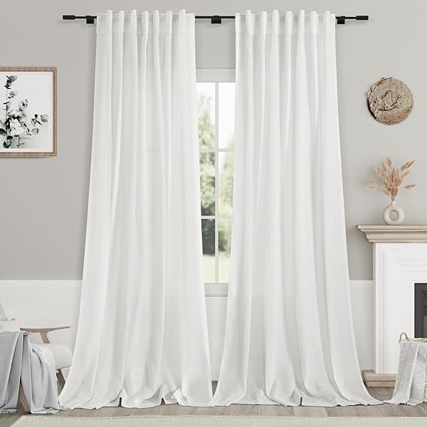 Off White 102 Inch Long Curtain Panels Set for Living Room Sliding Glass Door Modern Farmhouse Coastal Decor Lightweight Cotton Semi Sheer
