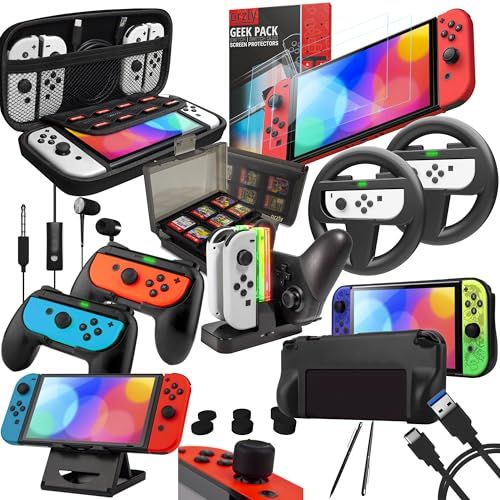 Orzly Accessory Bundle for Nintendo Switch & OLED - Case, Screen Protector, Joy-Con Grips & Wheels - Jet Black