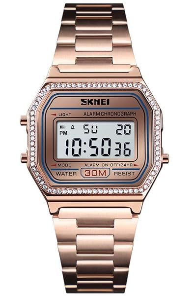 PASOY Men's Digital Gold Stainless Steel Watch Waterproof Multifunction Stopwatch Rose Gold Crystal Bezel Sport Watch Medium Size