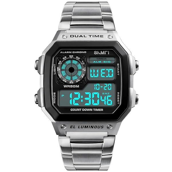 PASOY Men's Waterproof Digital Watch: Multi-Function, 2 Time Zones, Alarm & Stopwatch - Silver