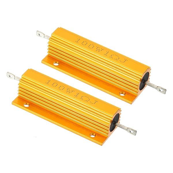 PATIKIL 100W 1 Ohm Aluminum Shell Resistor, 2 Pack Aluminum Housing Resistor Housed Case Wirewound Resistors Screw Tap Power Resistor, Golden