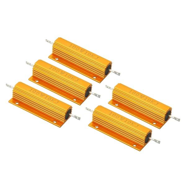 PATIKIL 100W 10K Ohm Aluminum Shell Resistor, 5 Pack Aluminum Housing Resistor Housed Case Wirewound Resistors Screw Tap Power Resistor, Golden