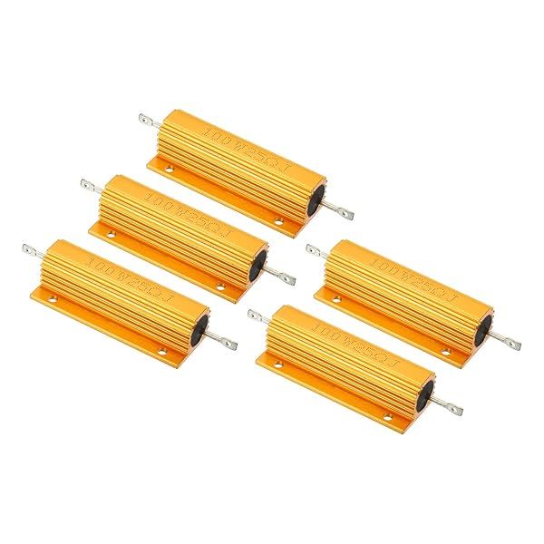 PATIKIL 100W 25 Ohm Aluminum Shell Resistor, 5 Pack Aluminum Housing Resistor Housed Case Wirewound Resistors Screw Tap Power Resistor, Golden