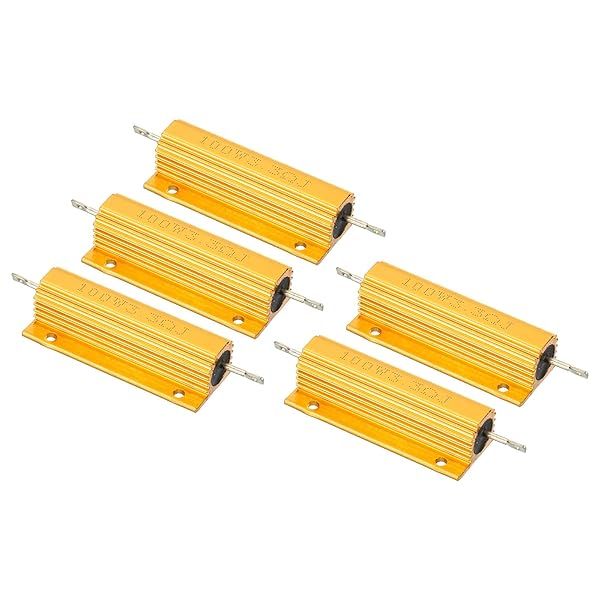 PATIKIL 100W 3.3 Ohm Aluminum Shell Resistor, 5 Pack Aluminum Housing Resistor Housed Case Wirewound Resistors Screw Tap Power Resistor, Golden