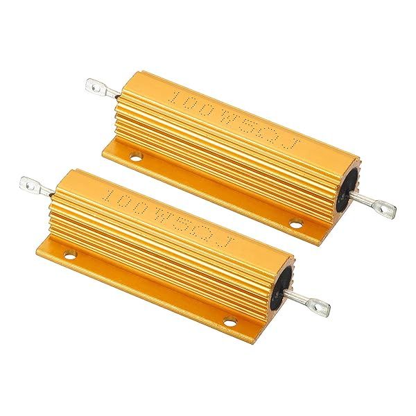 PATIKIL 100W 5 Ohm Aluminum Shell Resistor, 2 Pack Aluminum Housing Resistor Housed Case Wirewound Resistors Screw Tap Power Resistor, Golden