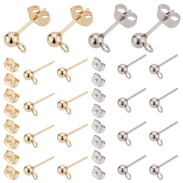 PH PandaHall 20 Pairs Stainless Steel Earring Posts Flat Back Studs with Loop and Butterfly Backs for DIY Jewelry Making