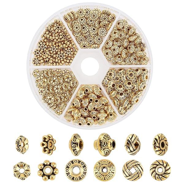 PH PandaHall 300pcs Antique Golden Tibetan Metal Spacer Beads for Jewelry Making 6 Styles 5.5-6.5mm Ideal for Bracelets and Necklaces