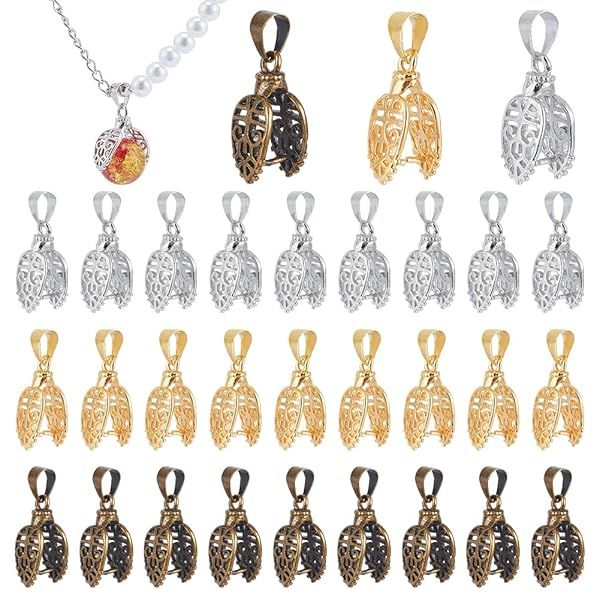 PH PandaHall 30 pcs Pinch Bails Hollow Curved Brass Bail Clip Clasp for DIY Necklace Jewelry Craft in Platinum Antique Bronze Golden 24mm 1mm Pin