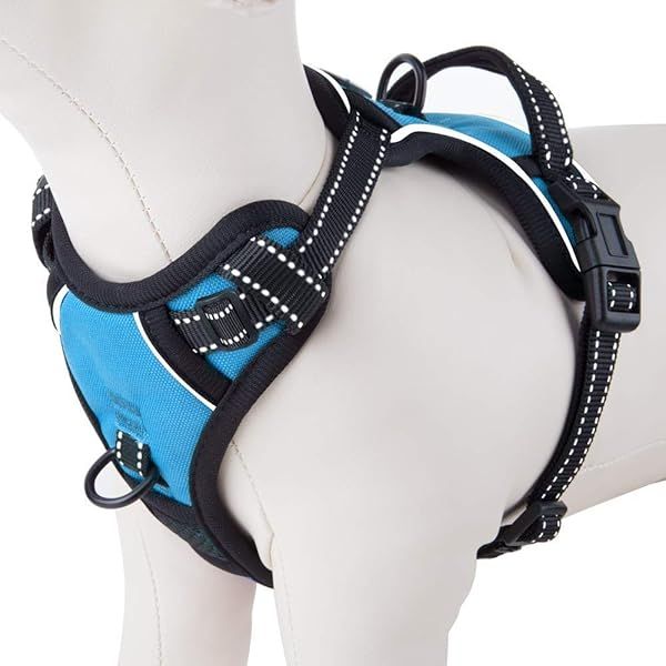 PHOEPET Large Reflective Dog Harness No Pull Vest with Dual Metal Leash Attachments in Blue for Large Breeds