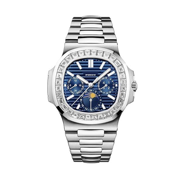 PINDU Men's Luxury Diamond Case Navy Blue Analog Tourbillon Watch Stainless Steel Strap Square Mechanical Watch 24 Hours of The Week Moon Phase Month