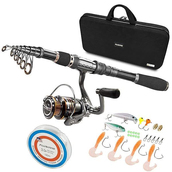 PLUSINNO Telescopic Fishing Rod and Reel Combo Collapsible Travel Starter Kit Carbon Fiber Fishing Rods for Men and Adults