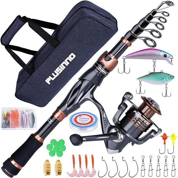 PLUSINNO Fishing Rod and Reel Combos Telescopic Carbon Matrix Fishing Pole with Stainless Steel Spinning Reel for Freshwater Travel