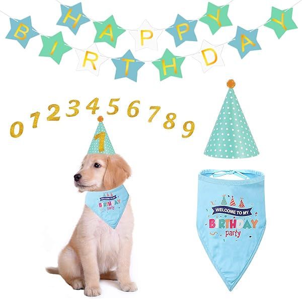 POPETPOP Dog Birthday Party Supplies Creative Bandana Hat and Happy Birthday Banner for Dog and Cat Celebrations