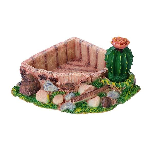 POPETPOP Reptile Resin Corner Water Dish for Tortoise Lizard Bearded Dragon Frog Gecko Snake Chameleon Cactus Design