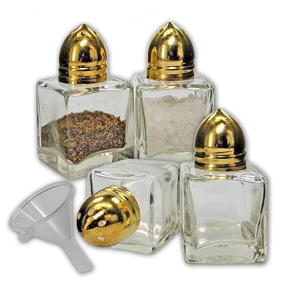 Pack of 4 Clear Glass Mini Cube Salt and Pepper Shakers with Gold-tone Tops and BONUS Easy Fill Funnel (Gold) by NetSellsIt