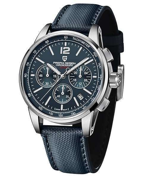 Pagani Design Men's Quartz Chronograph Watch - 100M Water Resistant, 40mm, Sapphire Glass, Sporty Silver Blue Nylon Strap