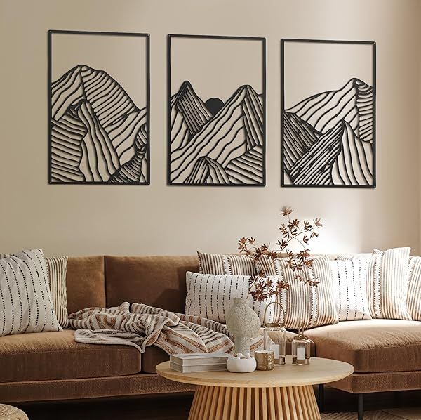 Peryiter 3 Pcs Christmas Metal Wall Art Decor Landscape Mountain Wall Hanging Decor for Living Room Abstract Minimalist Modern Mountain Line Pictures