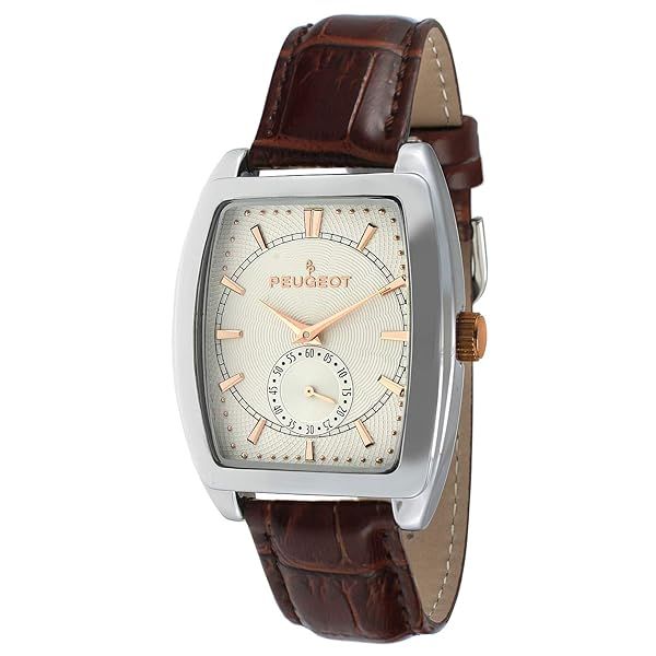 Peugeot Men's Rectangular Wrist Watch with Remote Sweep Seconds & Genuine Leather Strap
