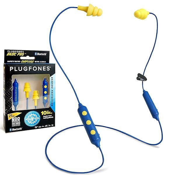 Plugfones Basic Pro Wireless Bluetooth Earbuds: Noise-Reducing Earplugs with Mic & Controls (Blue & Yellow)