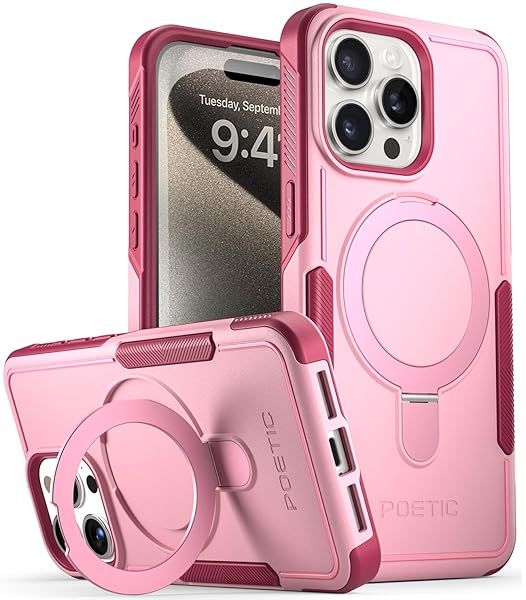 POETIC Neon Magpro Case for iPhone 15 Pro Max 5G 6.7 Inch Heavy Duty Shockproof Cover with Magnetic Ring Stand Pink