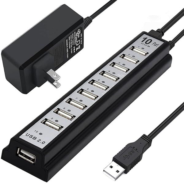 VIENON 10-Port USB Hub 2.0: Powered USB Extender with LED Indicators for Mac, PC, Laptop, Xbox & More