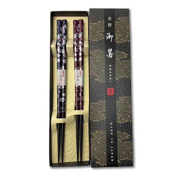 Premium Japanese Lacquer Chopsticks Set - Reusable 2pcs, Traditional Wooden Design, Made in Japan (Flower Navy/Purple)