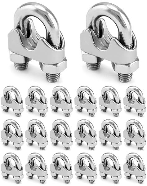 QWORK 1 2" Wire Rope Clamp Clip M12, 20 Pack Large U Bolt Saddle Guy Fastener, 304 Stainless Steel Fastener Cable Clamps, Connect 2 Layers of Wire to